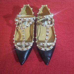 Faux Valentino Rockstud T-strap flats black taupe punk glam size 7